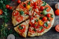 Veggie pizza. Pizza with tomatoes, shallot and fresh herbs. Cher Royalty Free Stock Photo