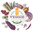 Veggie round emblem with hand drawn vegetables