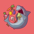 Veggie Shark eating vegetable vector illustration.