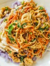 Veggie stir fry with mushroom eggs carrot close up. Chinese food Royalty Free Stock Photo