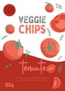 Veggie tomato chips or juice packaging design. Vector tomatoes cartoon illustration.