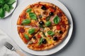 Vegitarian Pizza On A White Plate, Top View. Generative AI