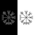 Vegvisir symbol, runic compass. Icelandic magical staves. Nordic Viking compass. Isolated icon in black with white outline