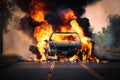 Vehicle Accident With A Car On Fire. Generative AI Royalty Free Stock Photo