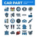 Vehicle and car parts outline color icons.