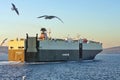 Vehicle carrier - Brussel in Dardanelles strait, at sunset. Seascape