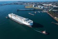 Vehicles carrier HOEGH SHANGHAI entering Port Kembla, Australia (aerial front view) Royalty Free Stock Photo