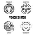 Vehicle clutch kit flat line icons. Clutch disc plate, cover, release bearing. Vector illustrations to indicate product Royalty Free Stock Photo