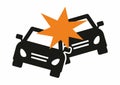 Vehicle collision, two cars, black vector icon, symbol