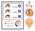 Vehicle Comparison Table with Growth Chart, Cost Icon, and Energy Efficiency Concept Royalty Free Stock Photo