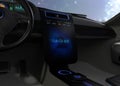 Vehicle console monitor showing screen shot of computer system was hacked. Concept for risk of self-driving car