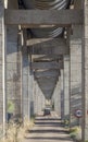 Vehicle crossing the road under Acedera Aqueduct, Badajoz, Spain