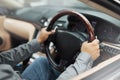 Vehicle, dashboard and hands driving for travel, holiday or roadside adventure. Person, car and steering wheel for Royalty Free Stock Photo