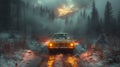 A vehicle drives on a snowy road through a wooded landscape under a cloudy sky Royalty Free Stock Photo