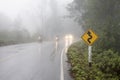 Vehicle driving on curved road in heavy fog Royalty Free Stock Photo