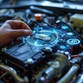 Car mechanic hand holding car engine icon and other symbols, digital interface showing different elements for car repair service Royalty Free Stock Photo