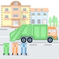 Vehicle garbage truck and dumpsters on a city street Royalty Free Stock Photo