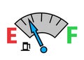 A vehicle gasoline fuel level dial meter indicator showing red E empty and green F full reading
