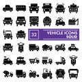 Vehicle glyph icon set, car symbols collection, vector sketches, logo illustrations, auto signs solid pictograms package