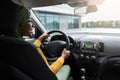 Vehicle Insurance. Happy Black Muslim Lady Sitting On Driver`s Seat In Car