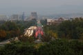 Vehicle light trails long exposure Capitol Boulevard downtown Boise Idaho smoke background masthead text area horizontal