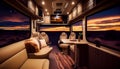 Vehicle recreational interior in wooden view of motorhome modern camper rv van Royalty Free Stock Photo