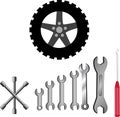 vehicle repair service tools spanner, wrench screw driver and tire, etc., vector illustrations