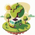 Vehicle Roof Solar Panel On Nature Background With Earth Globe, Sun, Windmill Illustration. Ecosystem and Earth Day