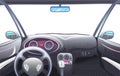 Vehicle salon, Driver view. Dashboard control in a smart car. Virtual control or auto piloted simulation. Autonomous