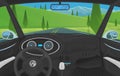 Vehicle salon, Driver view. Dashboard control in a smart car. Virtual control or auto piloted simulation. Traffic on a