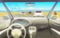 Vehicle salon, Driver view. Dashboard control in a smart car. Virtual control or auto piloted simulation. Traffic on a