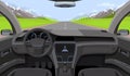 Vehicle salon, inside car driver view with rudder, dashboard and road, landscape in windshield. Driving simulator vector