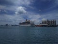 Vehicle ship sea water craft ferry harbor boat channel ocean coast port horizon bay cloud