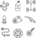 Spare parts of car icons in outline. Vector illustration of car spare parts. Vehicle parts in outlines. Icons black and white Royalty Free Stock Photo