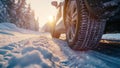 Vehicle with synthetic rubber tires driving on snowy road