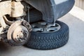 Vehicle tire or break pads repair, inspection and maintenance with removed wheel