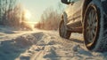 Vehicle with tires drives on snowy road past trees and landscape Royalty Free Stock Photo