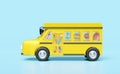 Vehicle for transport students isolated on blue background. 3d yellow school bus cartoon sign icon, accessories with microscope, Royalty Free Stock Photo