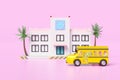 Vehicle for transport students isolated on blue. 3d yellow school bus cartoon, accessories with microscope, book, bag, pencil, Royalty Free Stock Photo