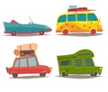 Vehicle transport for travel vector set. Car for family weekend trip, Cabriolet, Motorhome