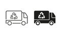 Vehicle Trash Car for Transportation Ecology Waste Line and Silhouette Icon Set. Garbage Truck with Recycle Sign. Truck Royalty Free Stock Photo