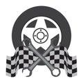 vehicle tyre with race flags and wrenches. Vector illustration decorative design Royalty Free Stock Photo