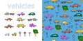 Vehicles children doodle seamless pattern set design