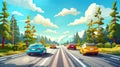 Vehicles driving on highway on sunny day, fir trees and blue sky background. Modern illustration of cars driving on