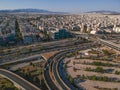 Vehicles elevating one of the most complex roads in Athens, the famous road junction at Faliro, Piraeus. Aerial view over Attica