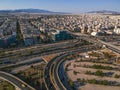 Vehicles elevating one of the most complex roads in Athens, the famous road junction at Faliro, Piraeus. Aerial view over Attica