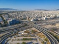 Vehicles elevating one of the most complex roads in Athens, the famous road junction at Faliro, Piraeus. Aerial view over Attica