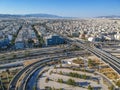 Vehicles elevating one of the most complex roads in Athens, the famous road junction at Faliro, Piraeus. Aerial view over Attica
