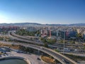 Vehicles elevating one of the most complex roads in Athens, the famous road junction at Faliro, Piraeus. Aerial view over Attica