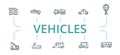 Vehicles icon set. Contains editable icons theme such as scooter, caravanning, bus and more. Royalty Free Stock Photo